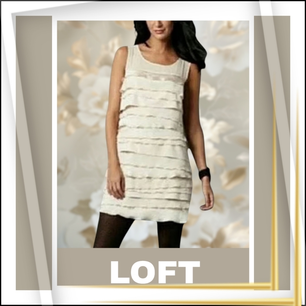 LOFT Satin Velvet Chiffon Tiered Dress Size 8 Ivory Fairy Fairycore